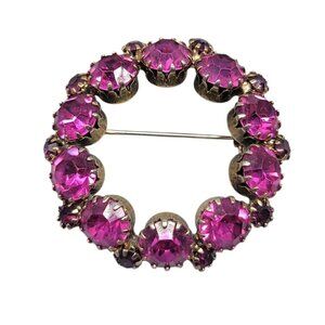 Purple & Pink Rhinestone Brooch Large Prong Set Stones Gold Tone Vintage